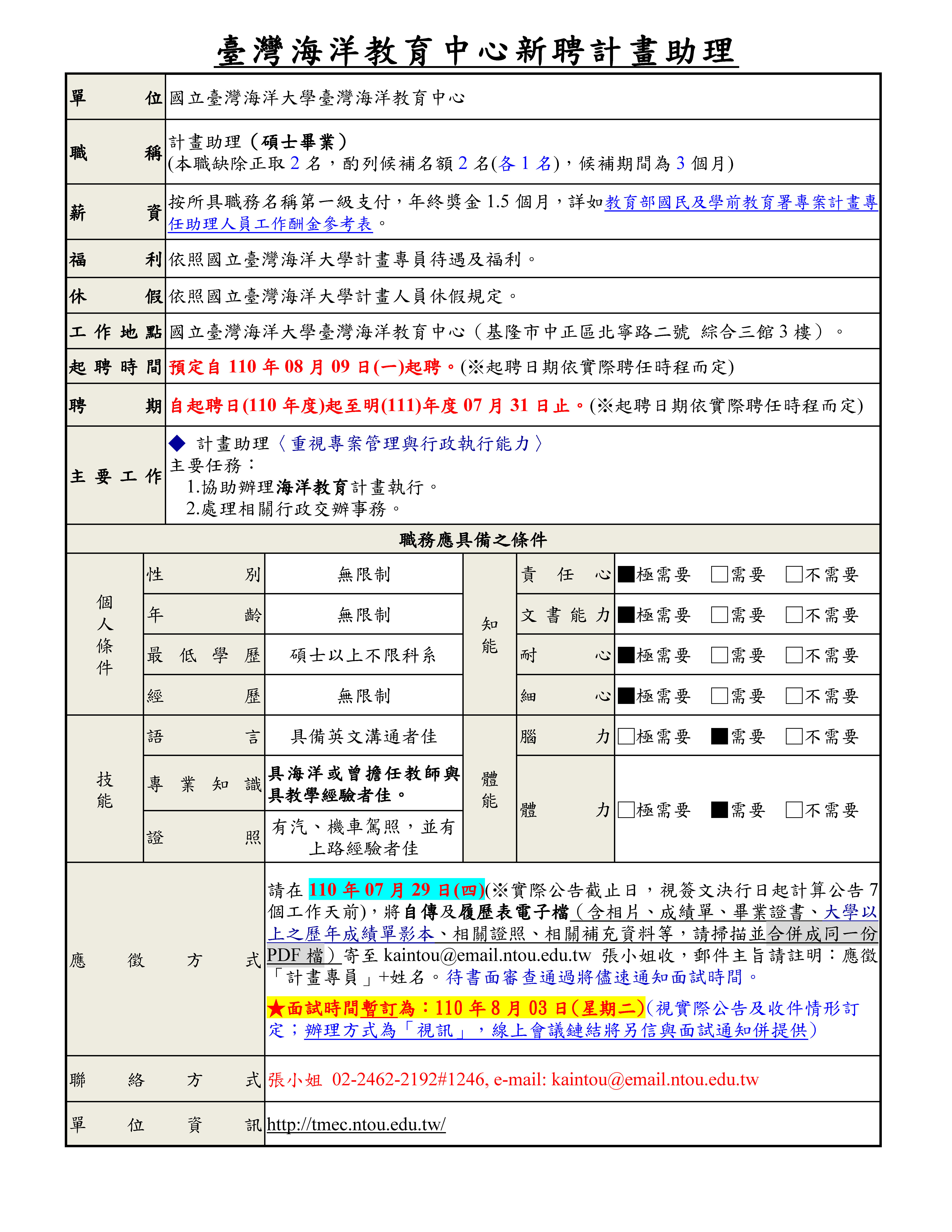 臺灣海洋教育中心110新聘計畫助理