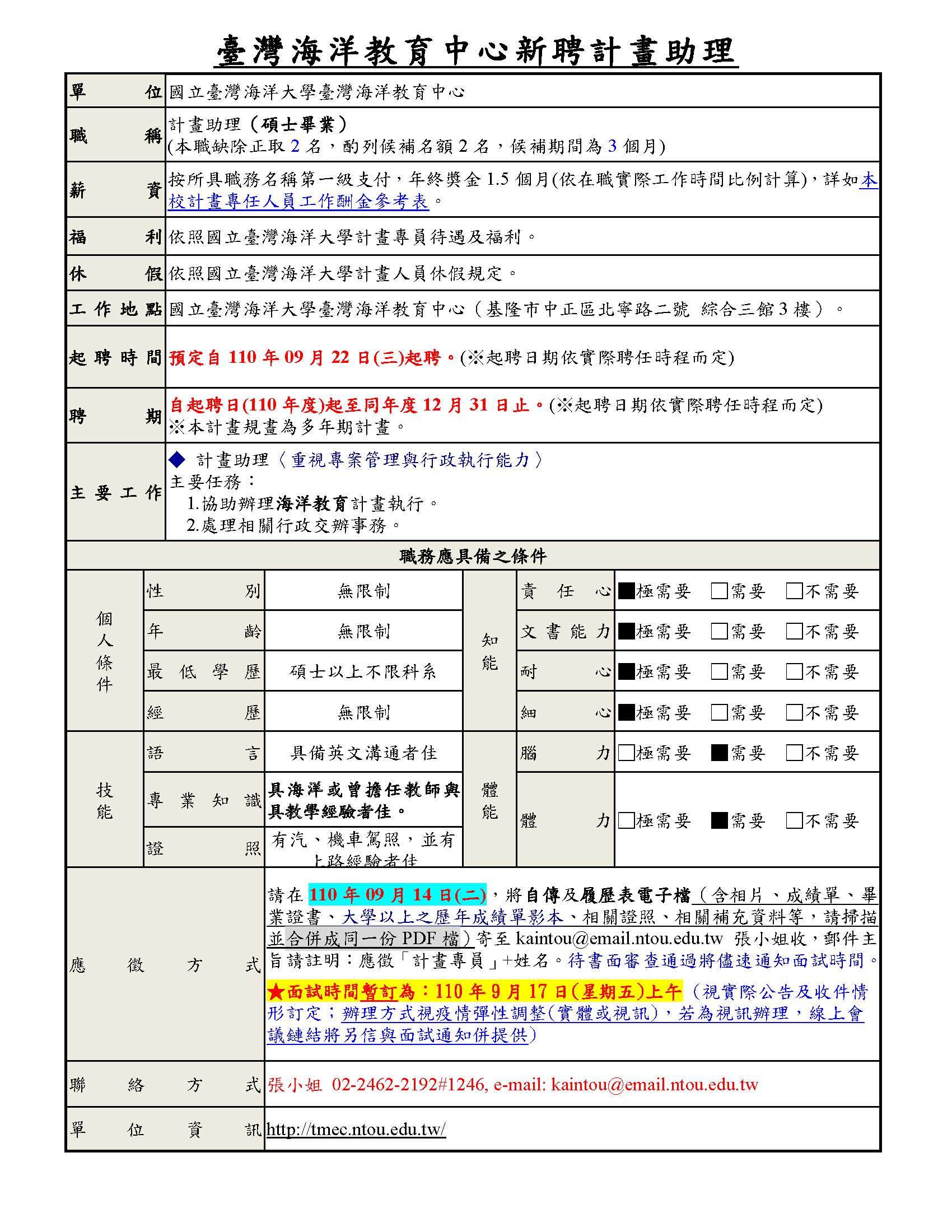 臺灣海洋教育中心110新聘計畫助理