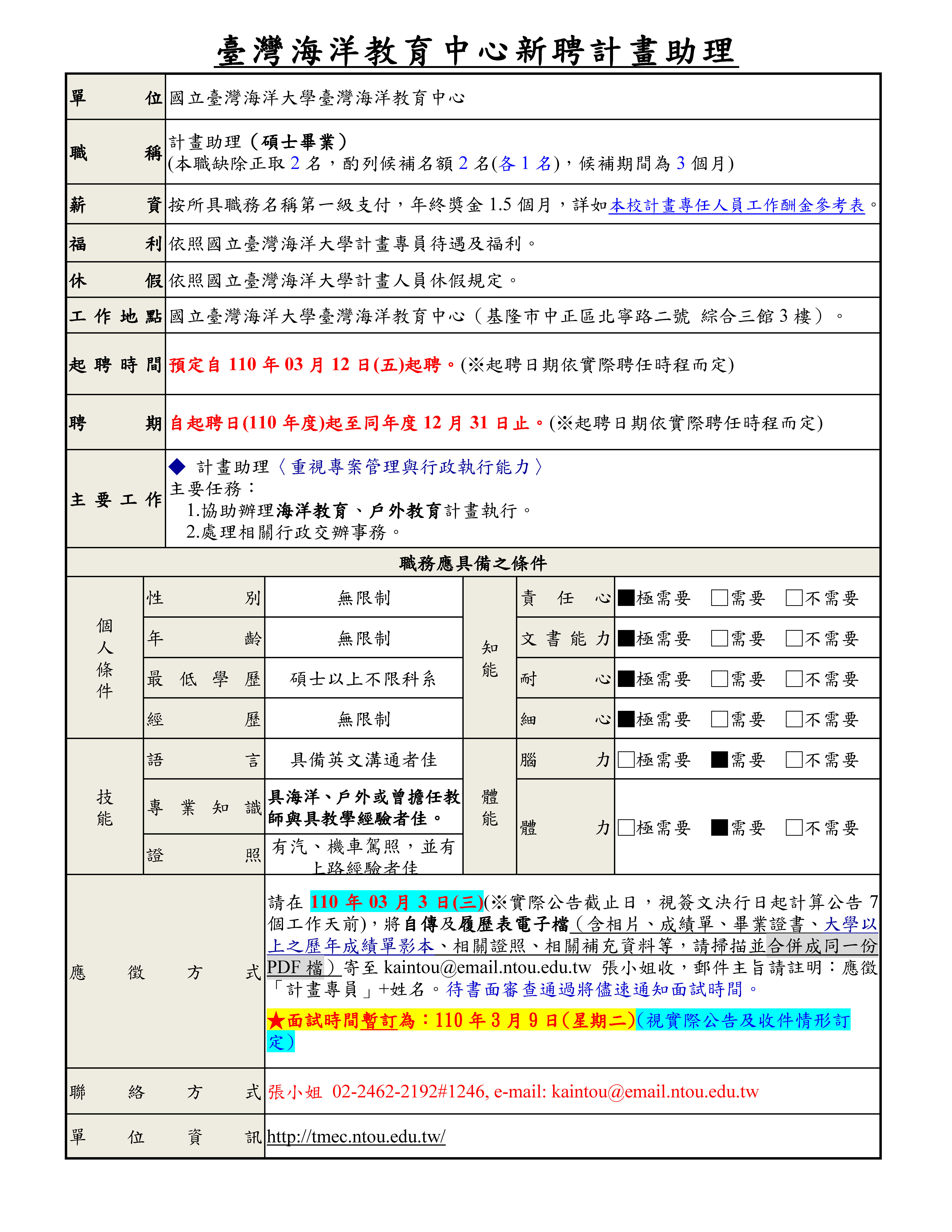 臺灣海洋教育中心110新聘計畫助理